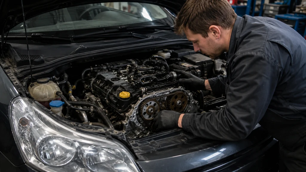 Mécanicien contrôlant la courroie de distribution d’un ancien moteur PureTech dans un atelier