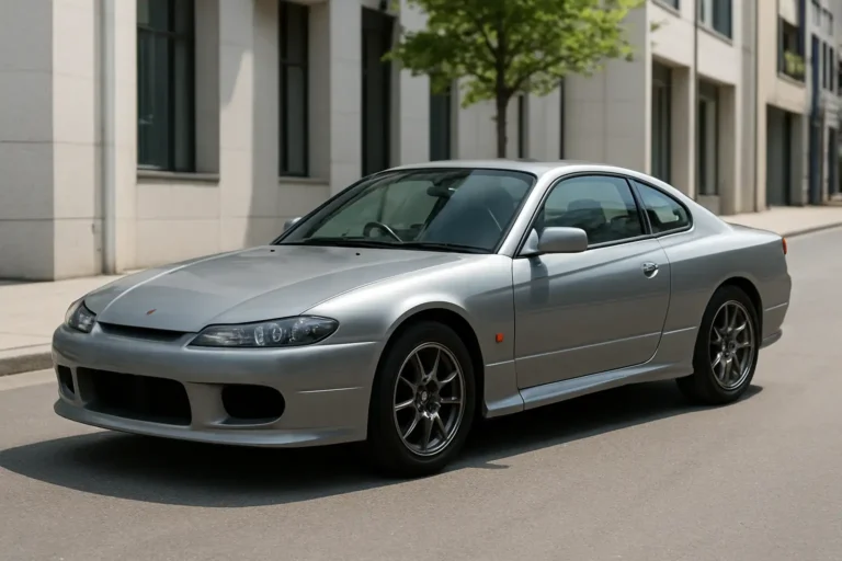 Coupé Nissan Silvia S15 stationné de trois quarts dans un cadre urbain