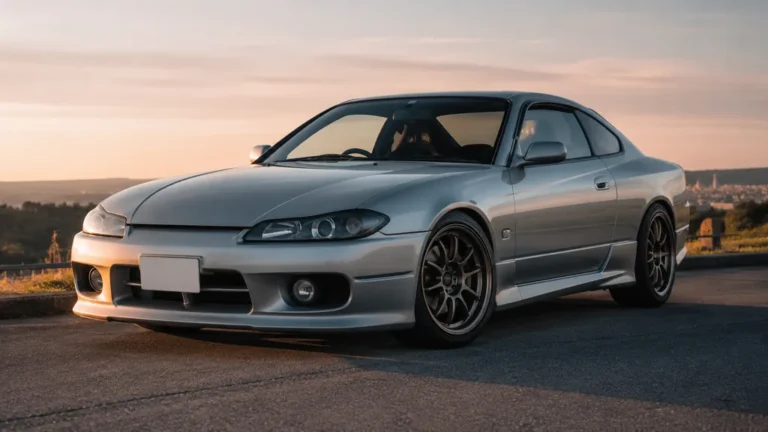Nissan Silvia S15 argentée stationnée au coucher du soleil, coupé sportif japonais JDM recherché en France