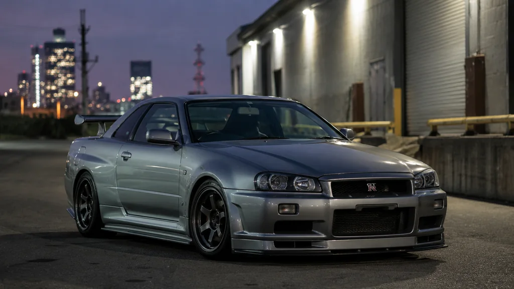 Nissan Skyline GT-R grise stationnée dans une zone industrielle urbaine au crépuscule.