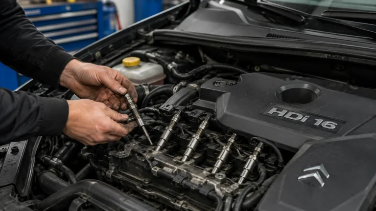 Mécanicien contrôlant les bougies de préchauffage d’un moteur Peugeot 1.6 HDi après un code défaut P1351