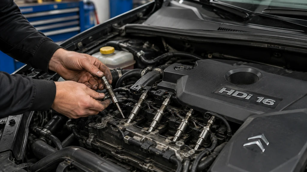 Mécanicien contrôlant les bougies de préchauffage d’un moteur Peugeot 1.6 HDi après un code défaut P1351