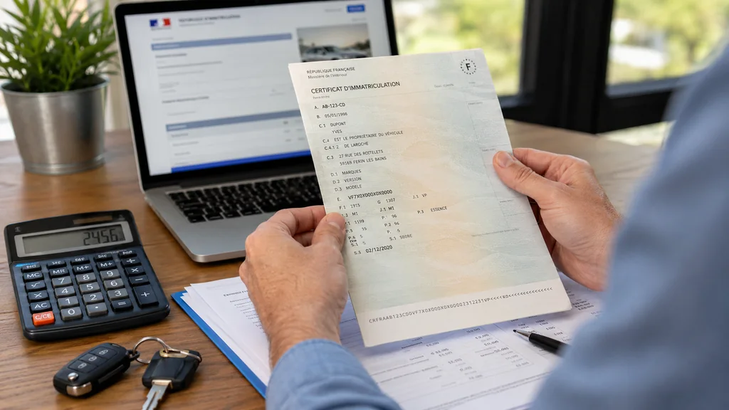 Personne consultant une carte grise avec une calculatrice pour vérifier la case P6 et la puissance fiscale