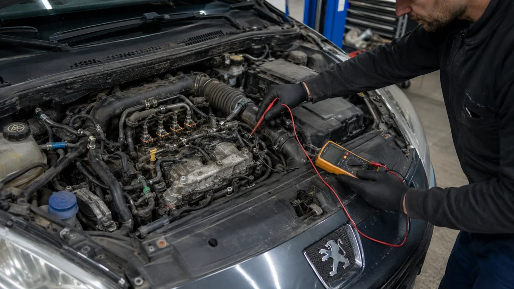 Mécanicien contrôlant le circuit de préchauffage d’un moteur diesel Peugeot avec un multimètre