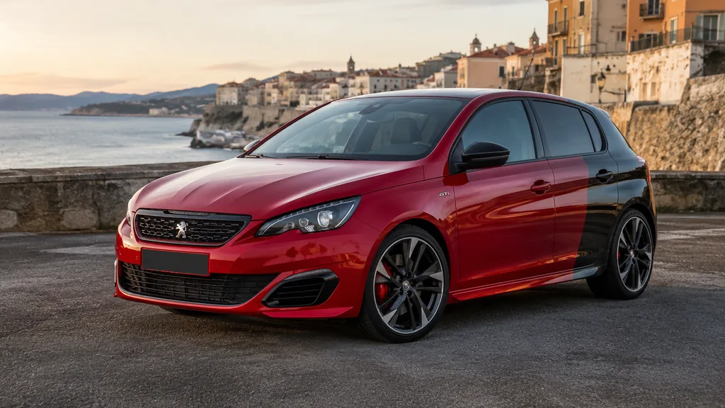 Peugeot 308 GTi rouge by Peugeot Sport stationnée en bord de mer, compacte sportive française uniquement disponible en boîte manuelle