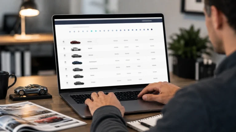 Utilisateur consultant sur ordinateur une liste alphabétique de modèles de voitures sur un site automobile