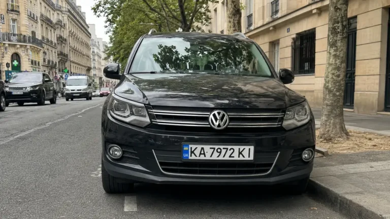 Voiture avec plaque UA ukrainienne circulant en ville, reconnaissable à la bande bleue et au code pays Ukraine