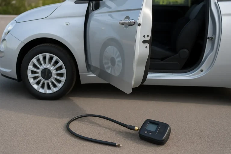 Fiat 500 avec étiquette de pression sur la porte et manomètre près d’une valve de pneu