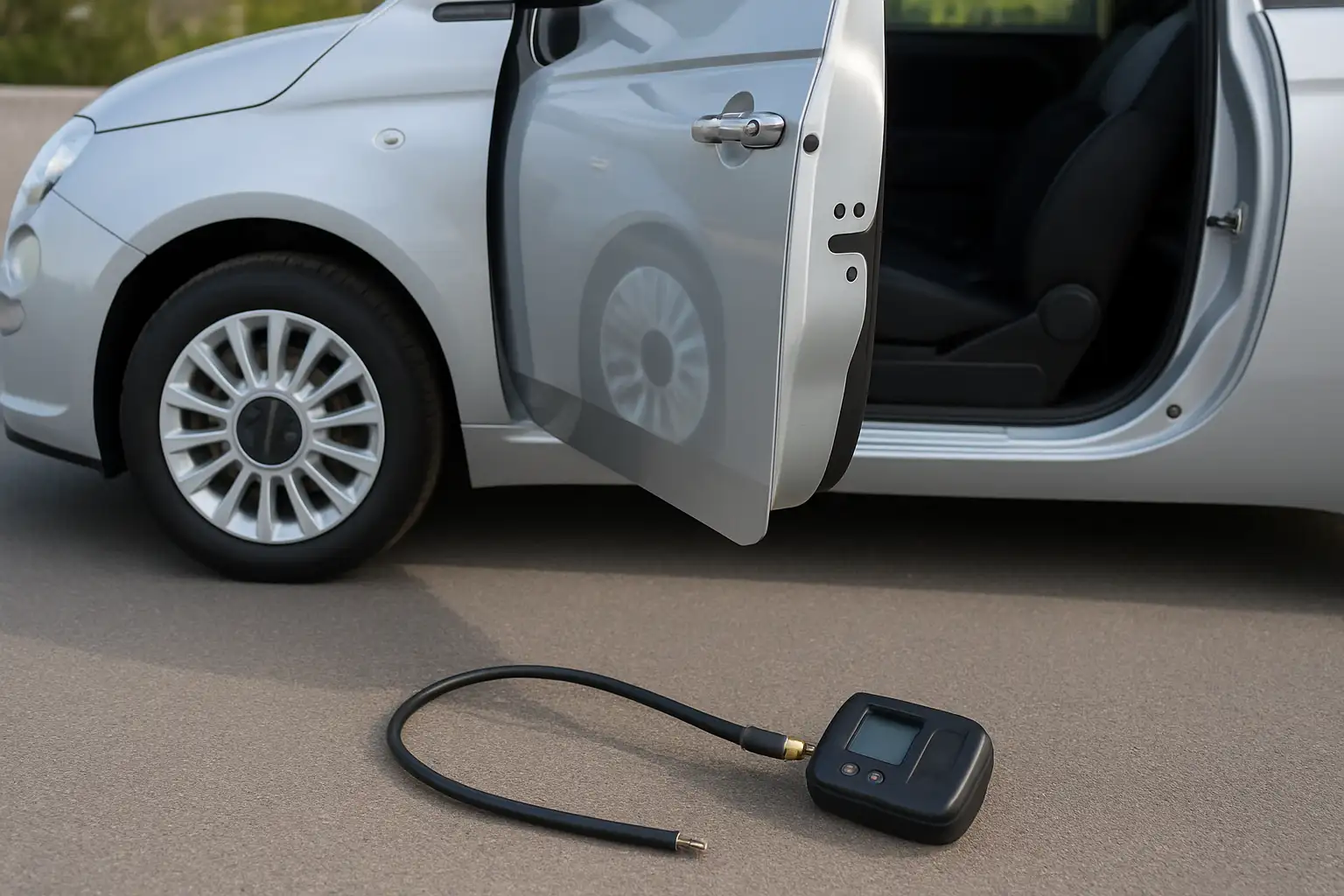 Fiat 500 avec étiquette de pression sur la porte et manomètre près d’une valve de pneu
