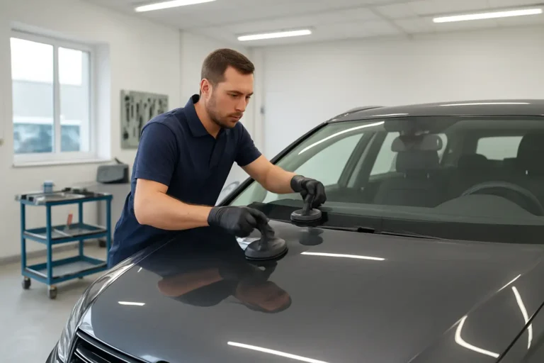 Technicien remplaçant un pare-brise dans un atelier automobile