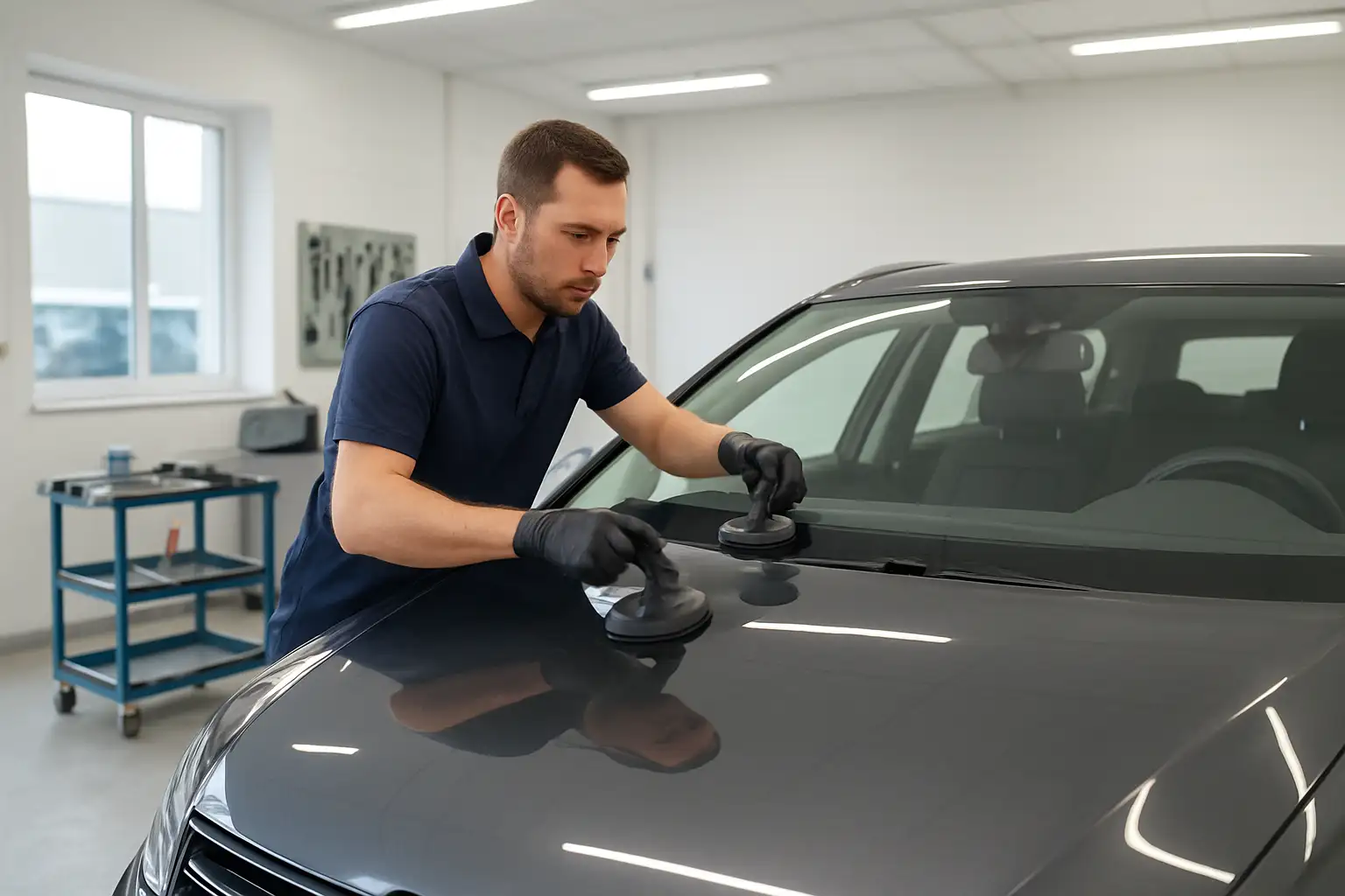 Technicien remplaçant un pare-brise dans un atelier automobile