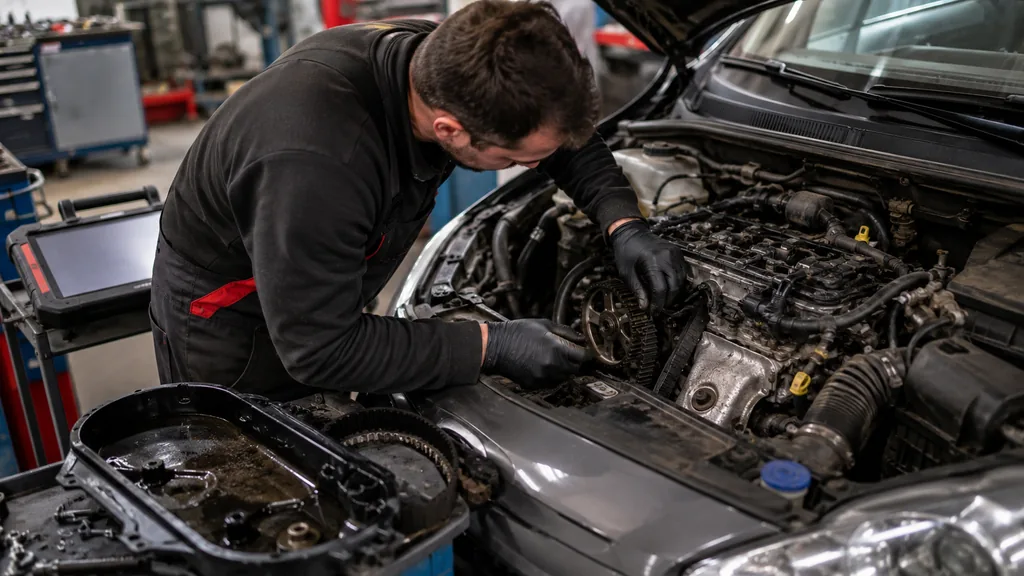 Mécanicien inspectant un moteur PureTech avec courroie de distribution humide dans un atelier automobile