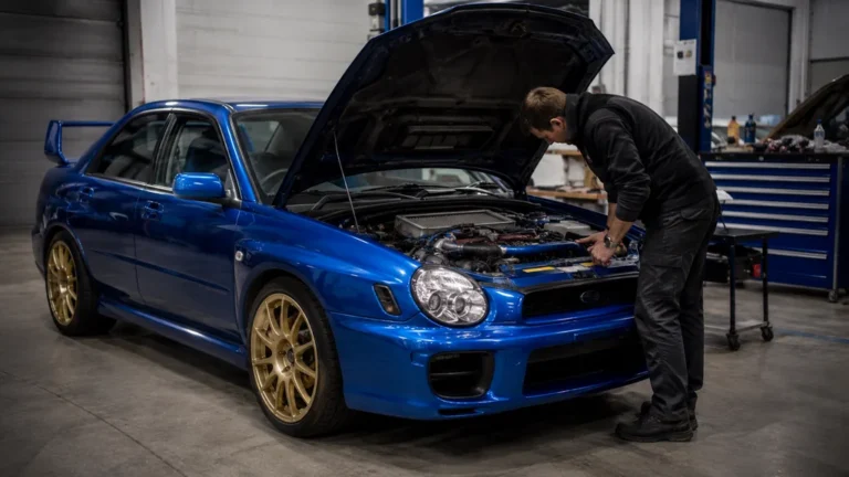 Subaru Impreza WRX STI bleue inspectée dans un atelier avec moteur ouvert, équipée d’un Prodrive Performance Pack