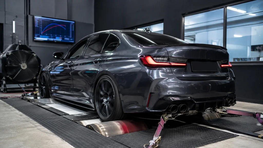 Voiture sportive installée sur un banc de puissance dans un atelier automobile pour mesurer et convertir les kilowatts en chevaux.
