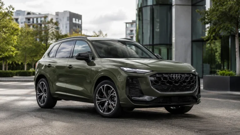 Audi Q3 2025 vert olive devant un bâtiment moderne en environnement urbain premium