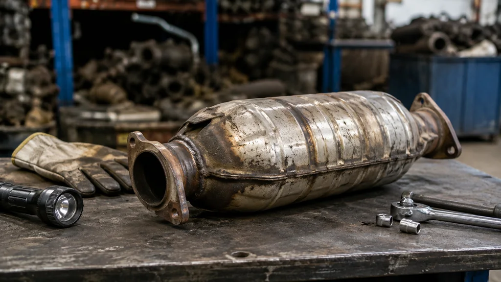 Catalyseur automobile usagé posé sur un établi dans un atelier de recyclage avec des outils de contrôle.