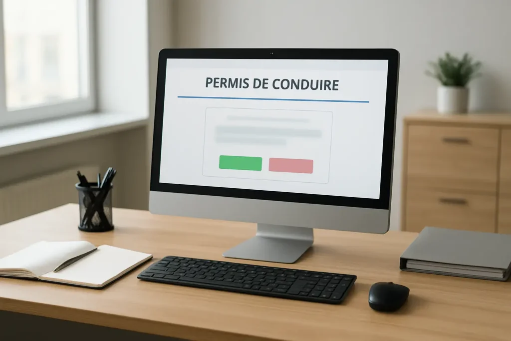 Écran d’ordinateur affichant une page officielle de résultat du permis de conduire