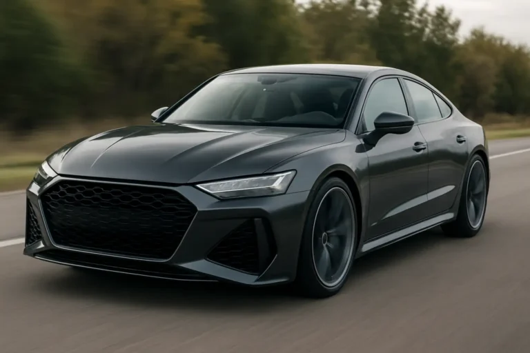 Berline sportive inspirée d’Audi vue de trois-quarts avant sur route fermée