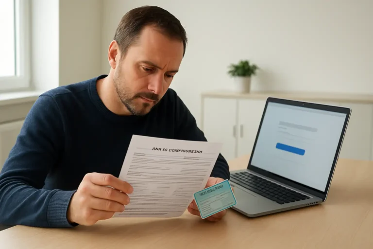 Conducteur consultant un avis d’amende avec sa carte grise sur un bureau