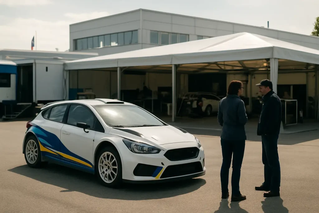 Ambiance de rallye français dans un parc d’assistance automobile