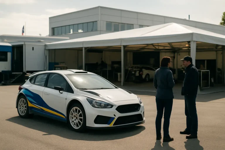 Ambiance de rallye français dans un parc d’assistance automobile