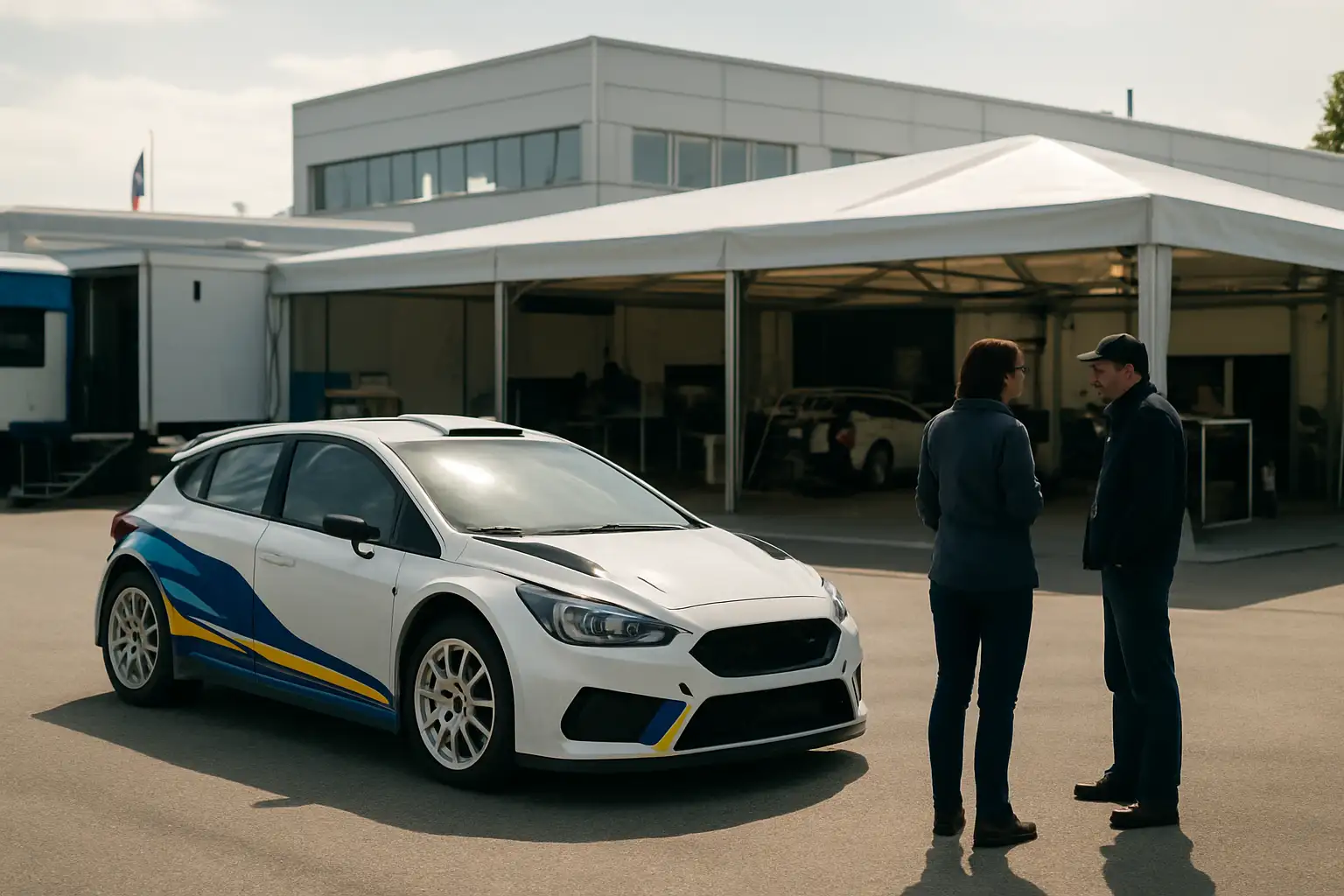 Ambiance de rallye français dans un parc d’assistance automobile