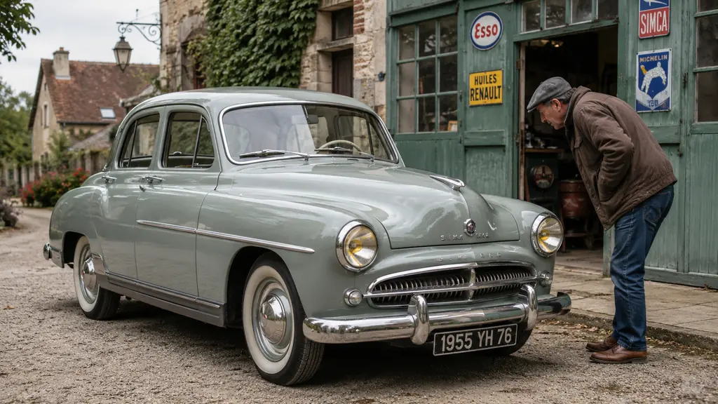 Simca Aronde ancienne en parfait état inspectée devant un garage rétro par un passionné de voiture de collection
