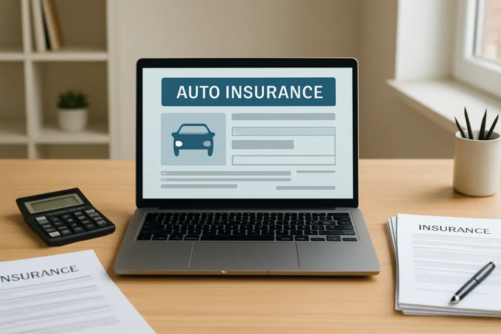 Bureau avec ordinateur et documents pour simuler un bonus-malus d’assurance auto
