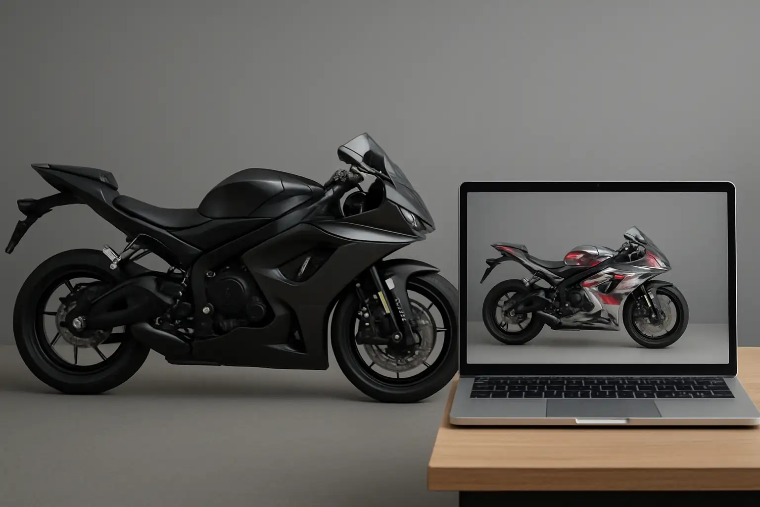 Moto carénée de profil avec un ordinateur portable affichant une simulation de covering moto