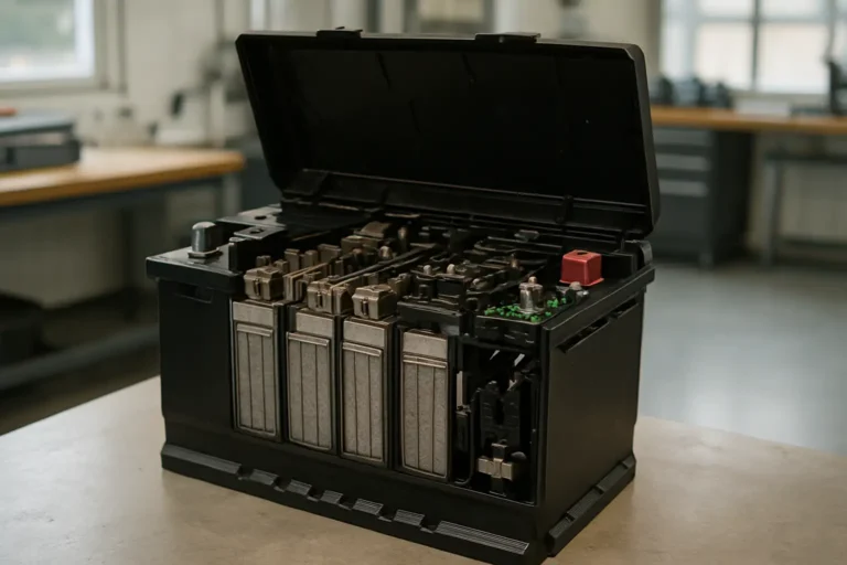 Module de batterie automobile ouvert montrant les cellules internes