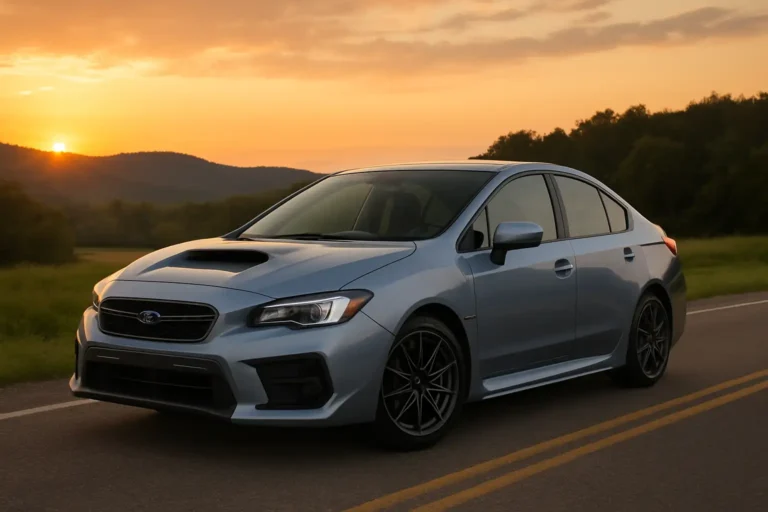 Subaru WRX moderne vue de trois quarts avant droit sur une route secondaire
