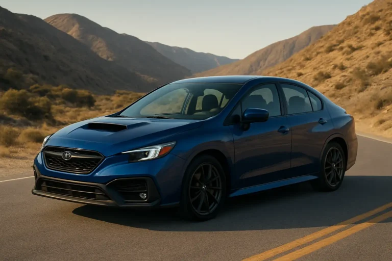 Subaru WRX rouge sur une route de montagne, vue trois-quarts avant