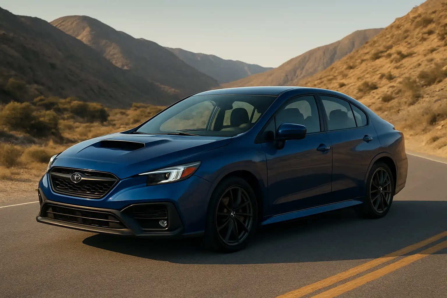 Subaru WRX rouge sur une route de montagne, vue trois-quarts avant