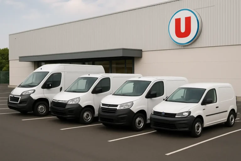 Plusieurs utilitaires de location alignés devant un magasin Super U