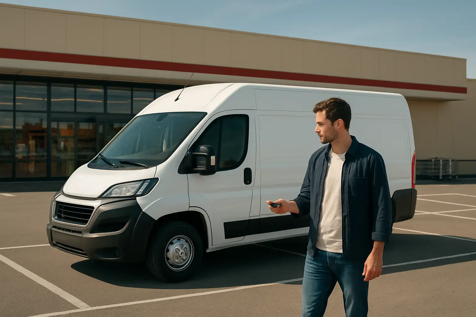 Utilitaire de location devant un magasin Super U en France