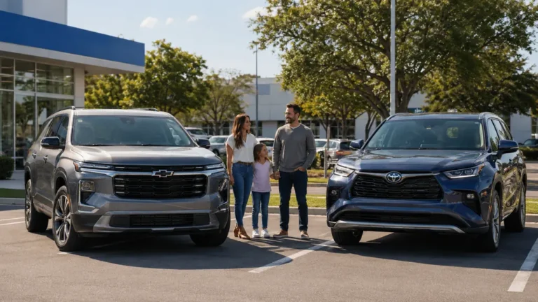 Famille comparant un grand SUV Chevrolet Traverse et un SUV Toyota familial sur un parking de concession