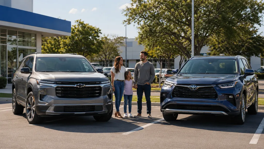 Famille comparant un grand SUV Chevrolet Traverse et un SUV Toyota familial sur un parking de concession