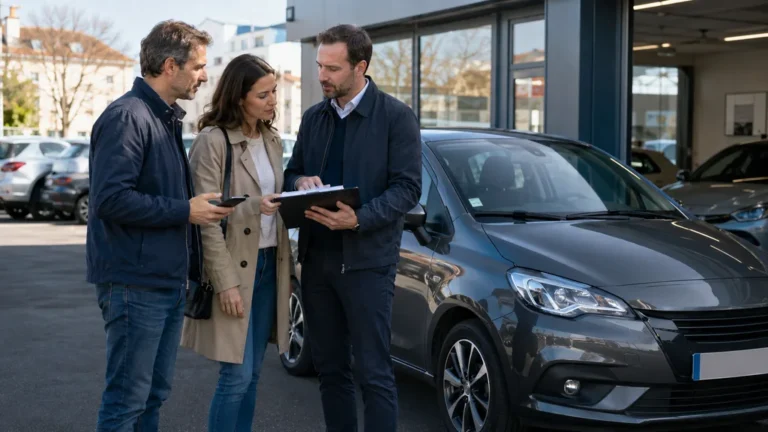 Acheteur et vendeur discutant avec un conseiller automobile devant une voiture d’occasion en agence