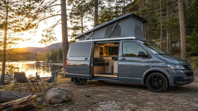 Volkswagen California aménagé avec toit relevable installé au bord d’un lac dans un environnement naturel.