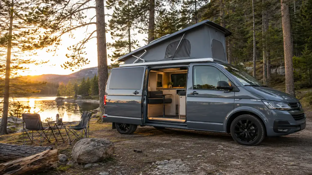 Volkswagen California aménagé avec toit relevable installé au bord d’un lac dans un environnement naturel.