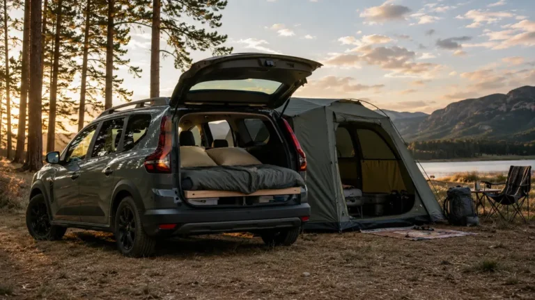 Dacia Jogger aménagé pour dormir avec hayon ouvert et tente de camping en pleine nature
