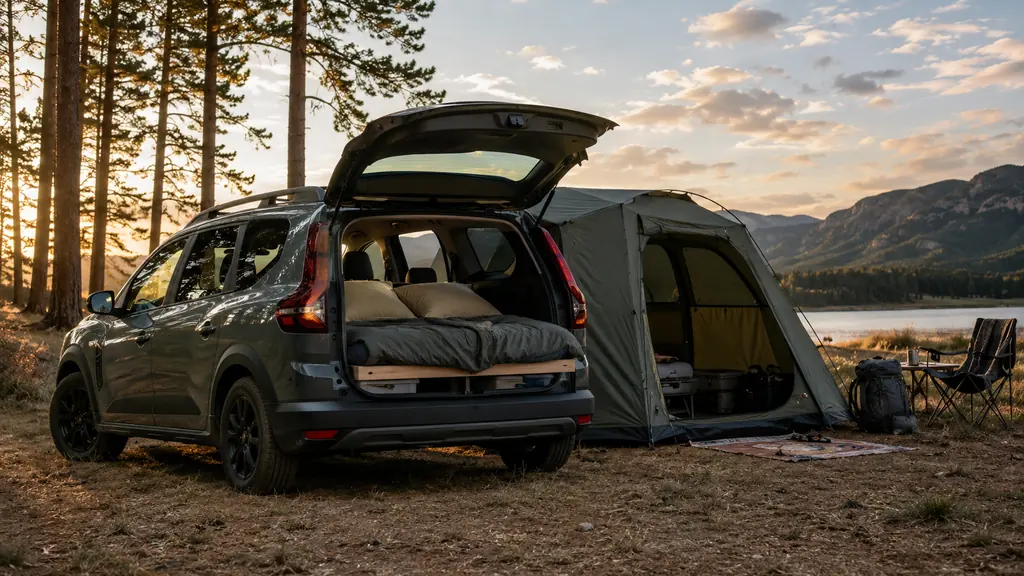 Dacia Jogger aménagé pour dormir avec hayon ouvert et tente de camping en pleine nature