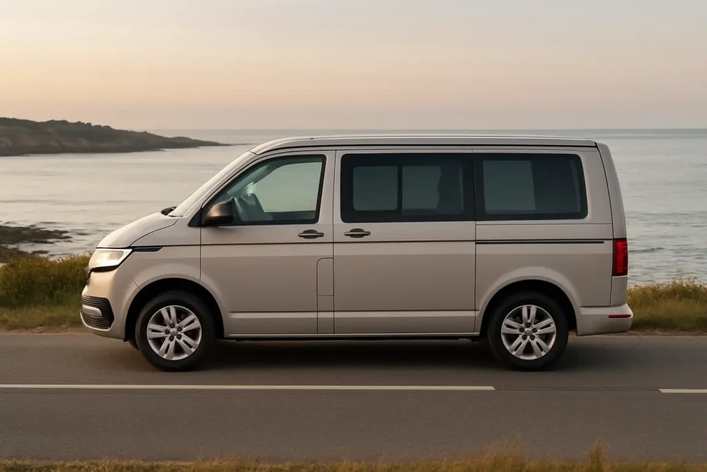 Van Volkswagen moderne sur une route côtière en France
