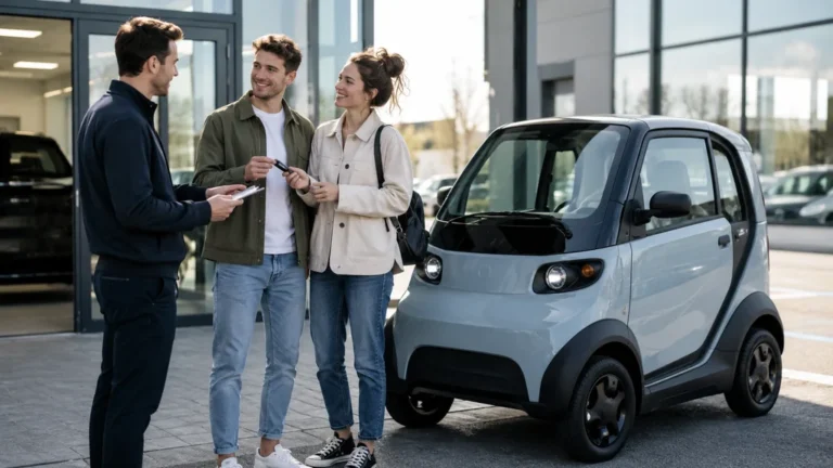 Petite voiture électrique en leasing remise à un couple devant une concession automobile sans apport
