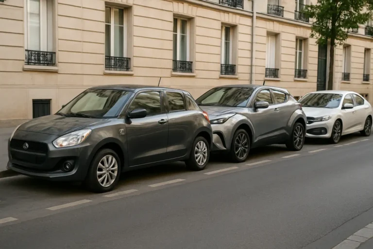 Trois voitures japonaises garées dans une rue urbaine française