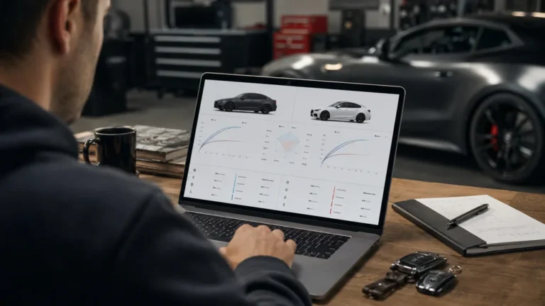 Passionné automobile comparant les performances de deux voitures sur un ordinateur dans un garage