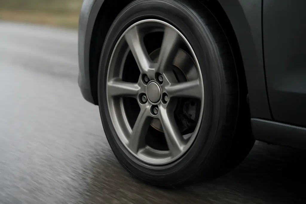 Roue avant de voiture sur route humide avec capteur de vitesse visible, illustrant le système antipatinage ASR