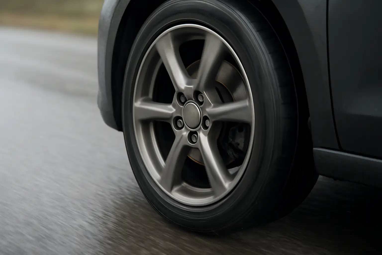 Roue avant de voiture sur route humide avec capteur de vitesse visible, illustrant le système antipatinage ASR