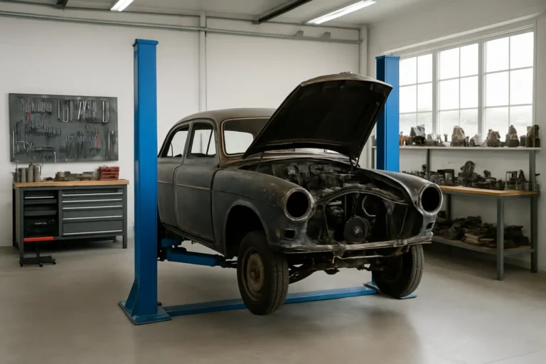 Atelier de restauration automobile avec une voiture ancienne partiellement démontée sur un pont élévateur