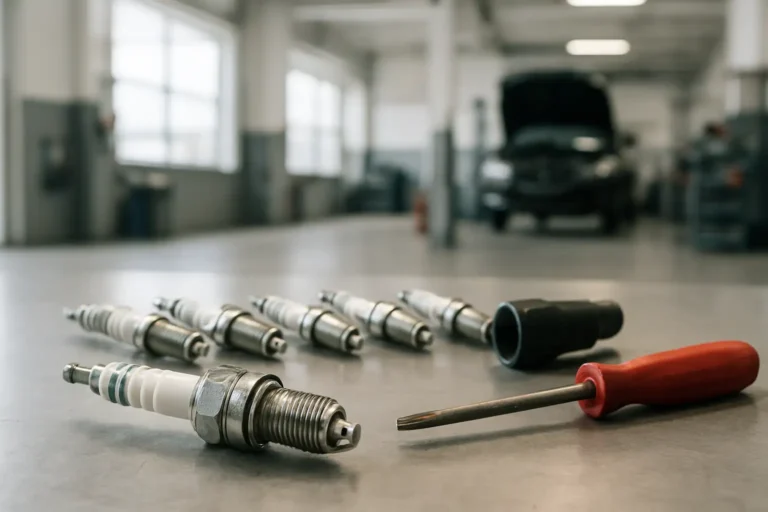 Bougie iridium et bougies d’allumage sur un établi d’atelier automobile